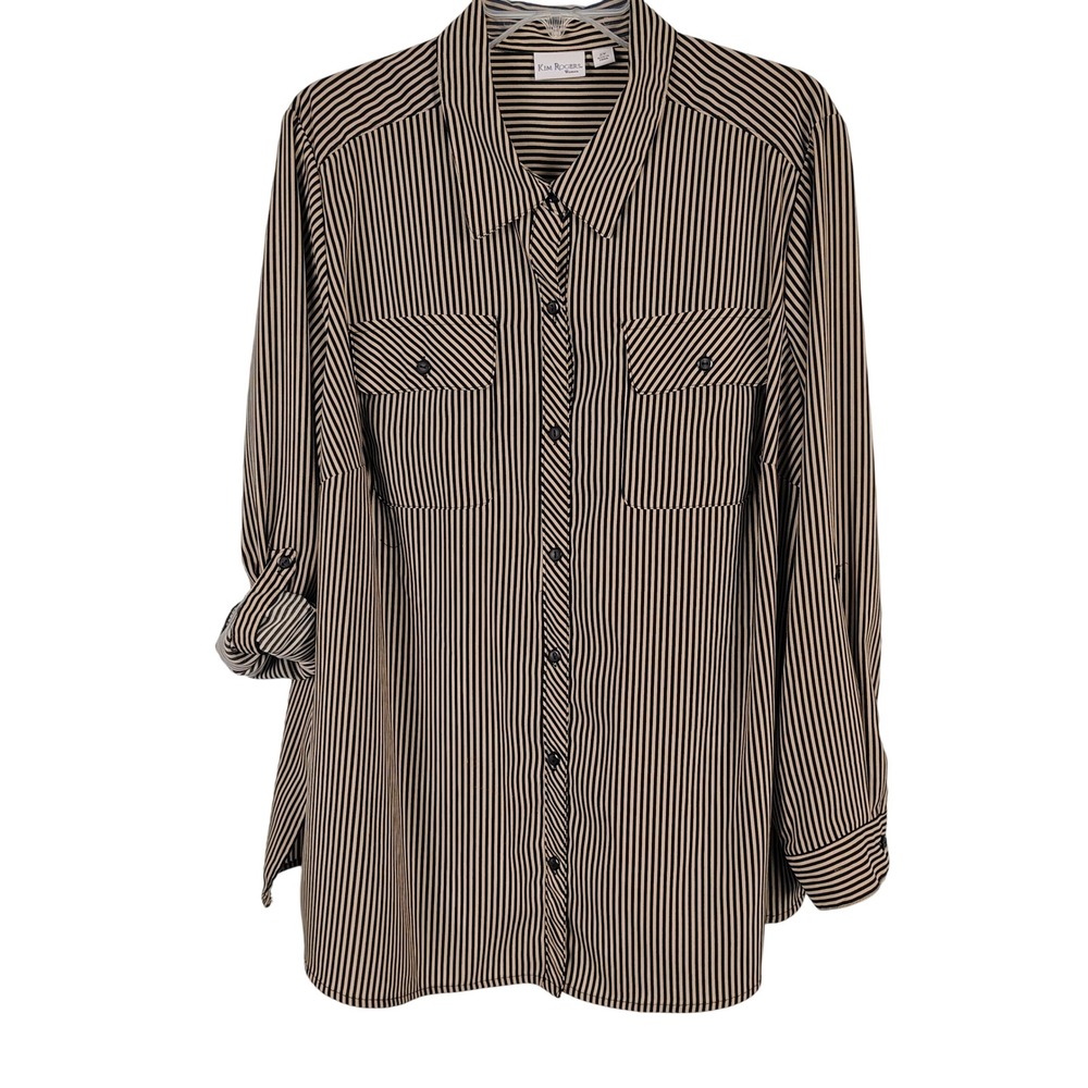 Kim Rogers Womens 2X Striped Button Down Blouse Tan Black Officecore Workwear